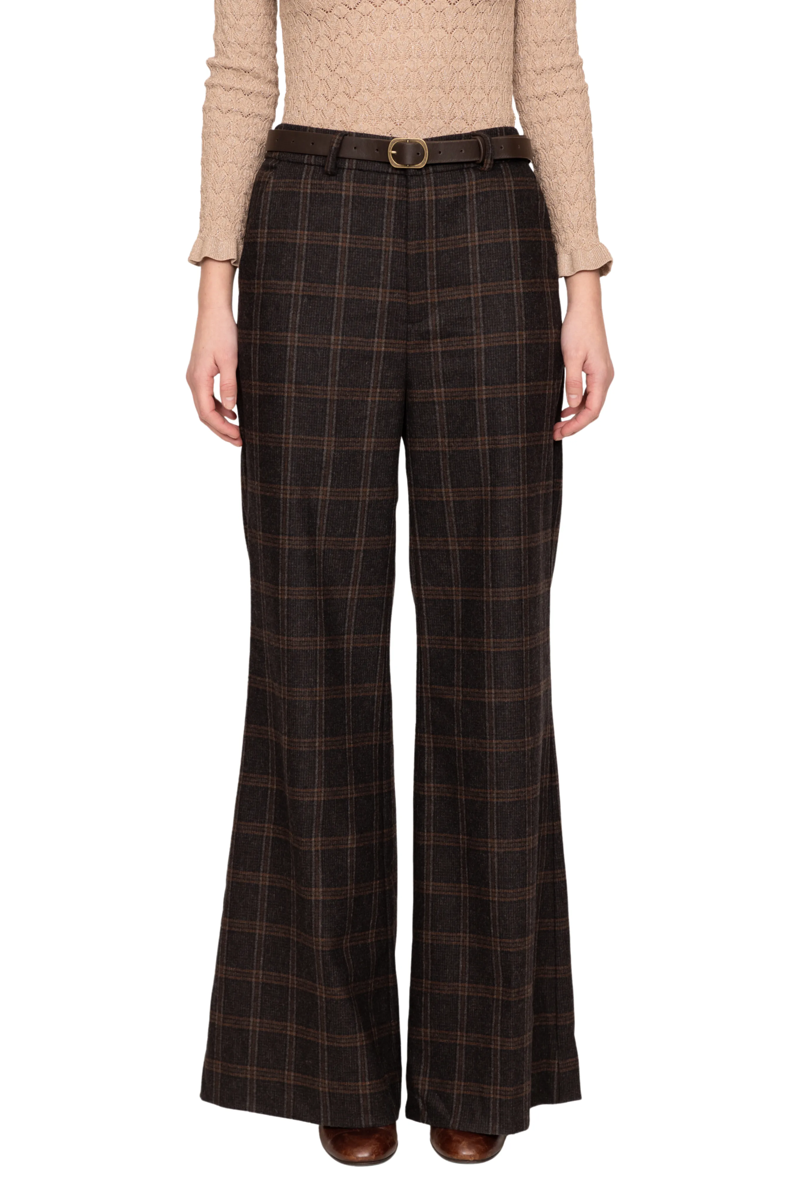 Monroe Wool Plaid Belted High Waisted Pant Comfort Wear Casual Wear