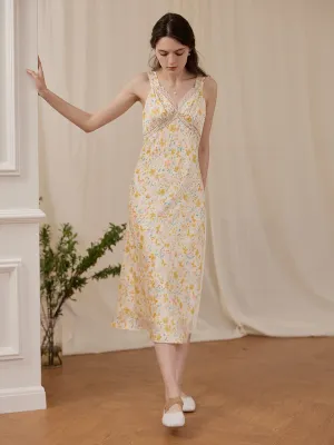 ??Final Sale??Annie Printed Lace Yellow Midi Nightgown Breathable fabric CarbonNeutral Production