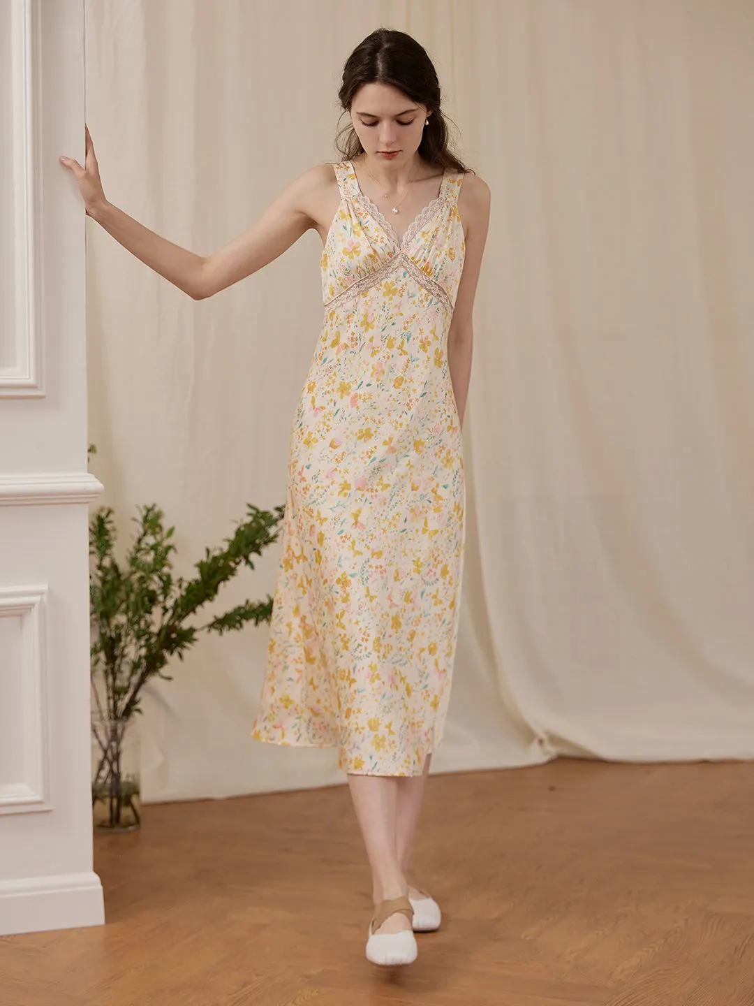 ??Final Sale??Annie Printed Lace Yellow Midi Nightgown Breathable fabric CarbonNeutral Production