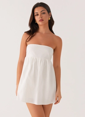 Dylan Babydoll Mini Dress - White natural fiber Anti Pilling Treatment