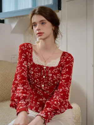 ??Final Sale??Kairi Square Collar Lace Floral Blouse Active Wear Stretchable Material