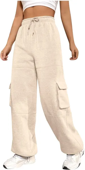 Fleece Cargo Joggers for Women Baggy Straight Leg Sweatpants Drawstring Cinch Bottom High Waisted Pants with Pockets