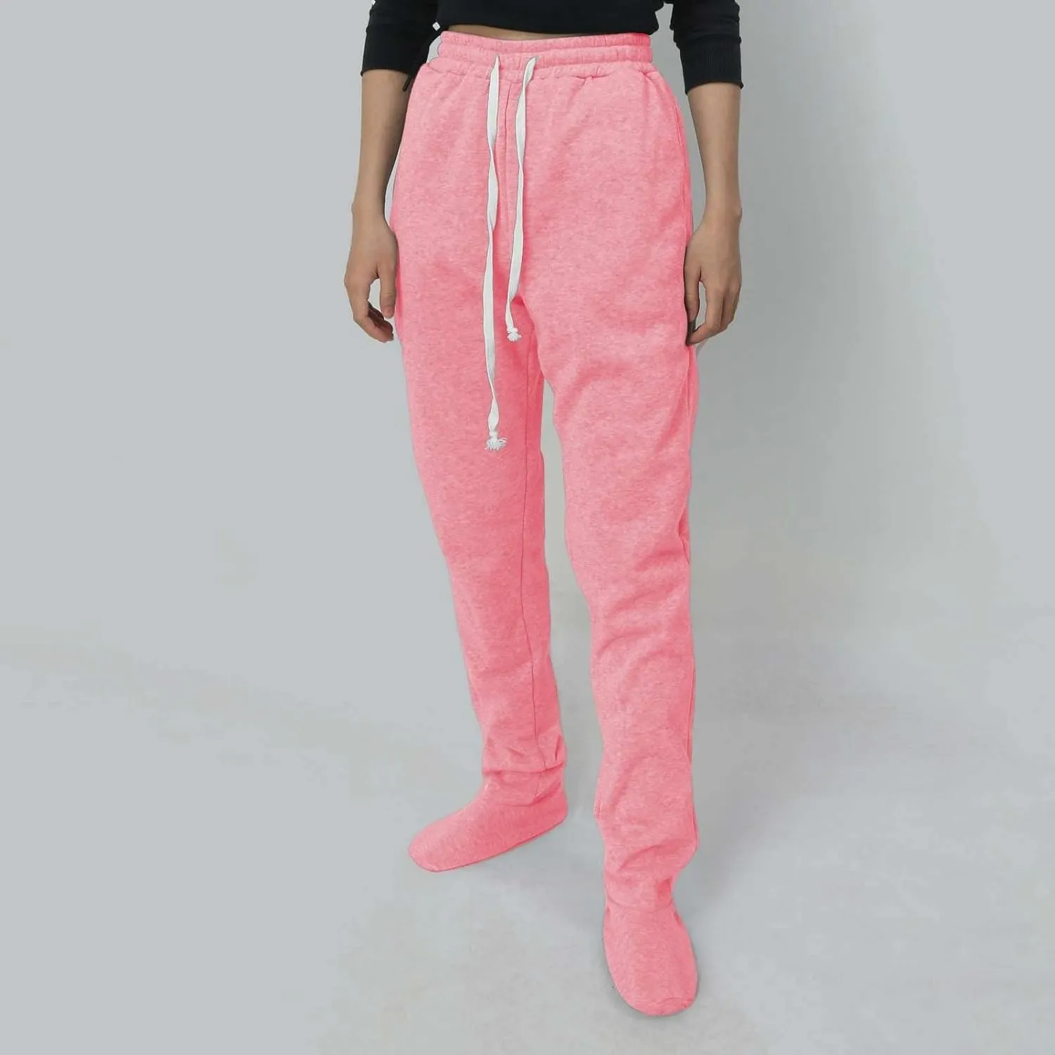 Fleece Footed Pajamas Pants for Women Soft Drawstring Jogger Sweatpants with Feet Winter Warm Comfy Lounge Pants