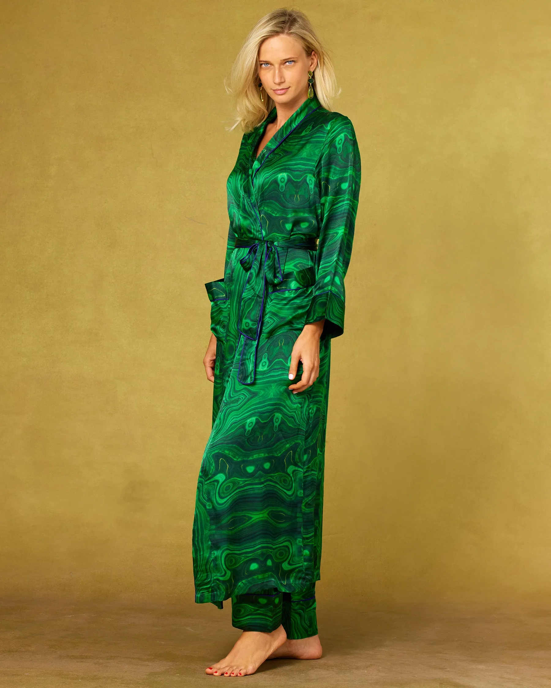 Fleur Washable Silk Robe in Precious Malachite