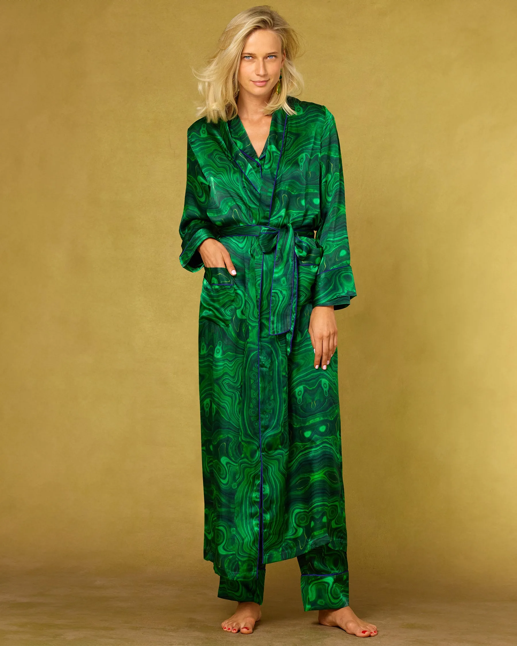 Fleur Washable Silk Robe in Precious Malachite