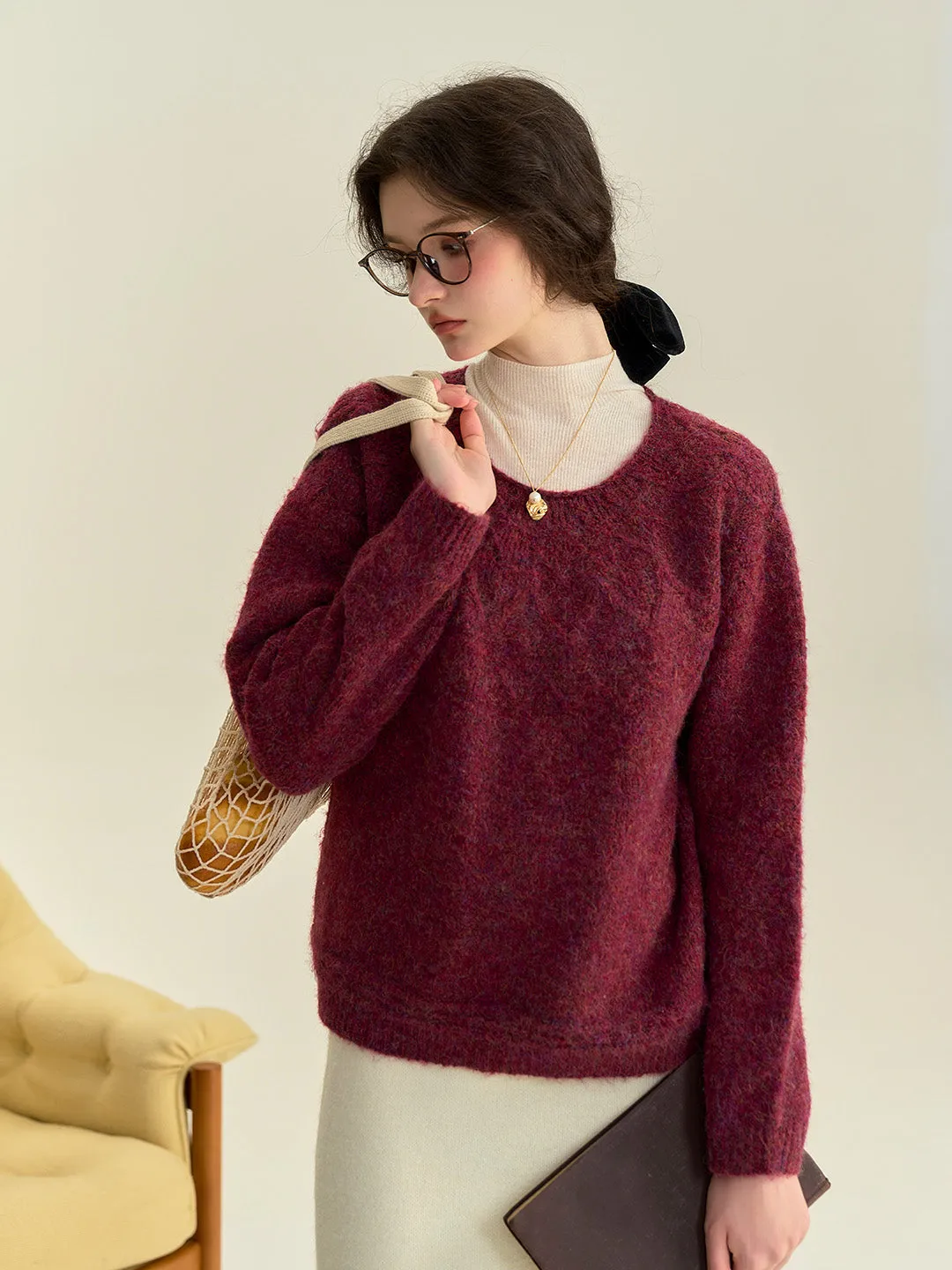 YarnDyedFabric Friction Reducing Finish Arely Classic Round Neck Knitted Wool Sweater - Pink