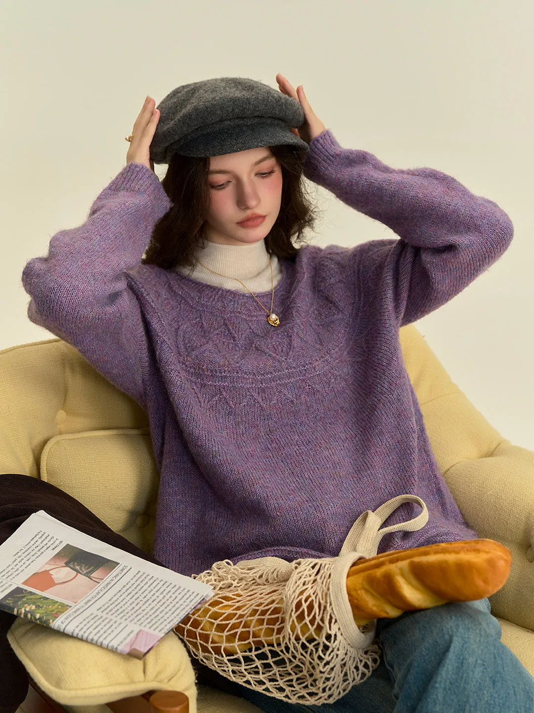 summer look Arely Classic Round Neck Knitted Wool Sweater - Pink