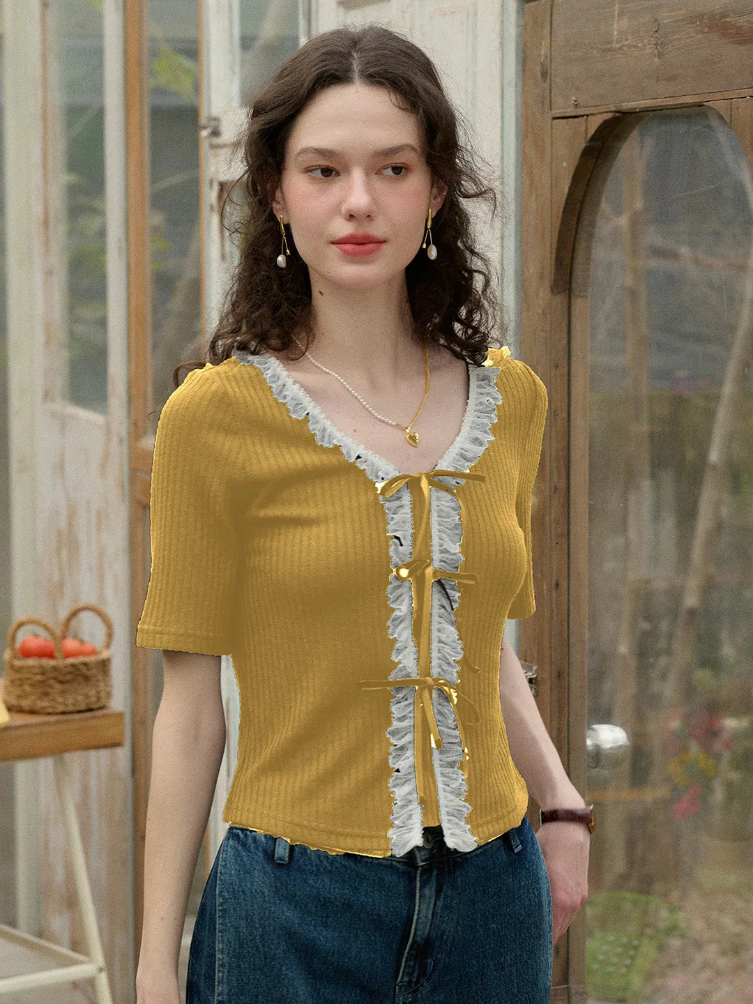 Convertible Neckline ContrastPlacket ??Final Sale??Emerie V-neck Contrast Lace Panel Bow Knitted Top - Yellow