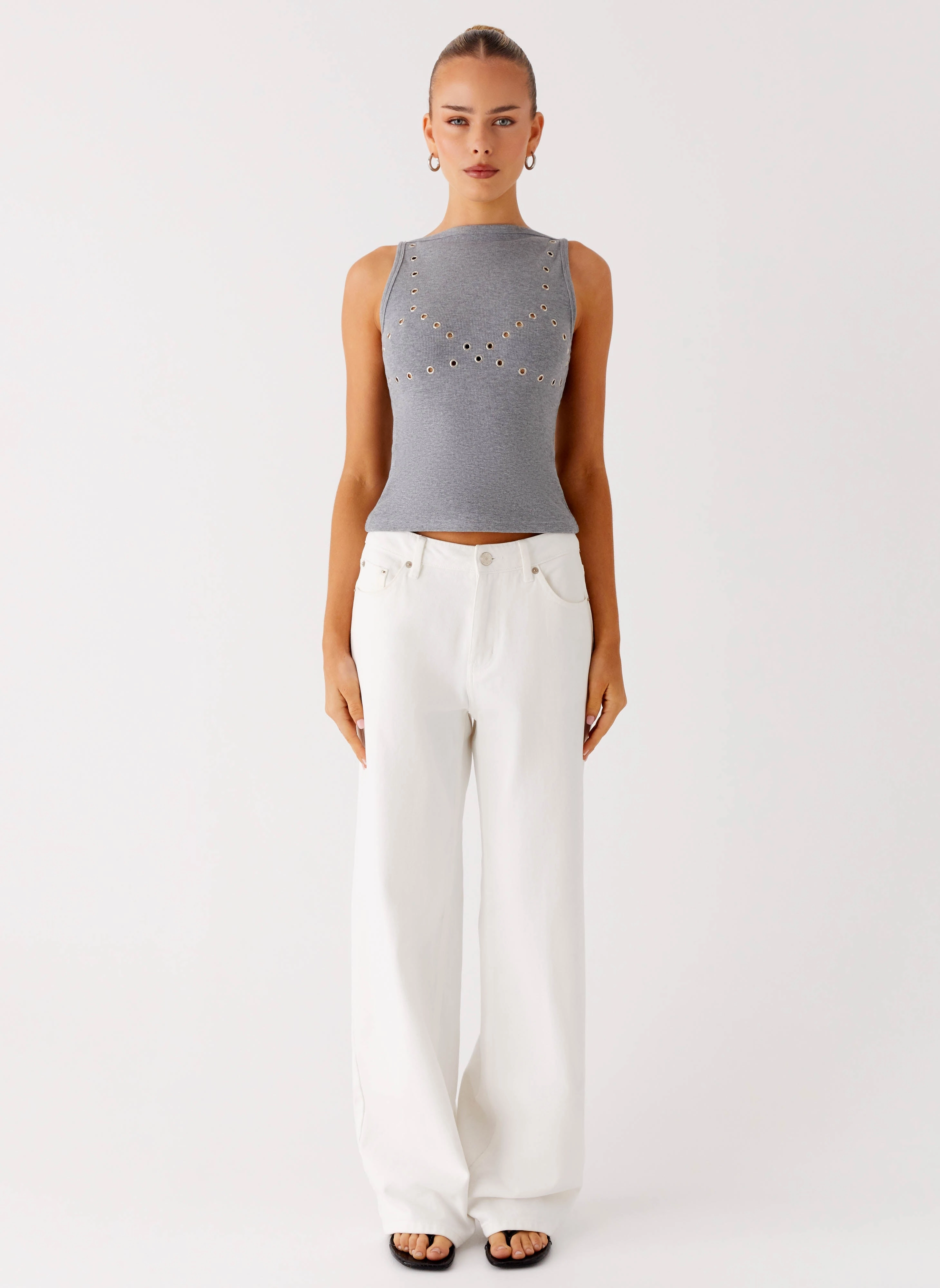 Drop Top Ribbed Eyelet Tank Top - Marle Grey Sweat Absorbent Inner Layer