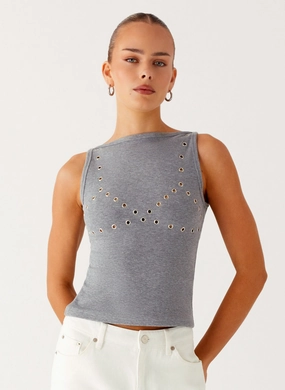 Drop Top Ribbed Eyelet Tank Top - Marle Grey Antibacterial Everyday Comfort Fit