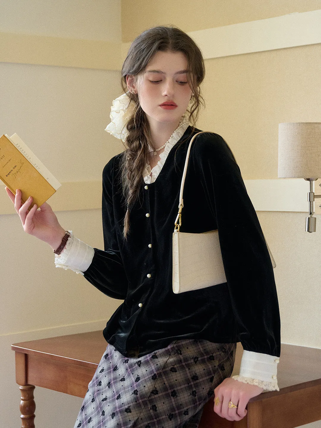 Mariam V-Neck Velvet Blouse Ergonomic Pattern Design Reflective Trims
