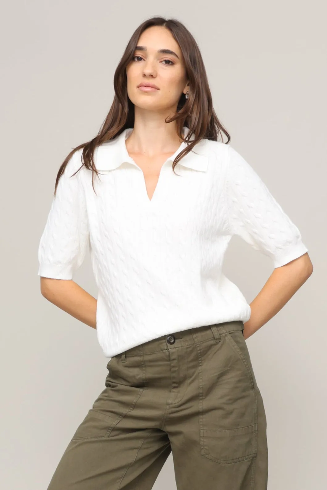 Ivy Short Sleeve Cable Sweater Tagless Neckline