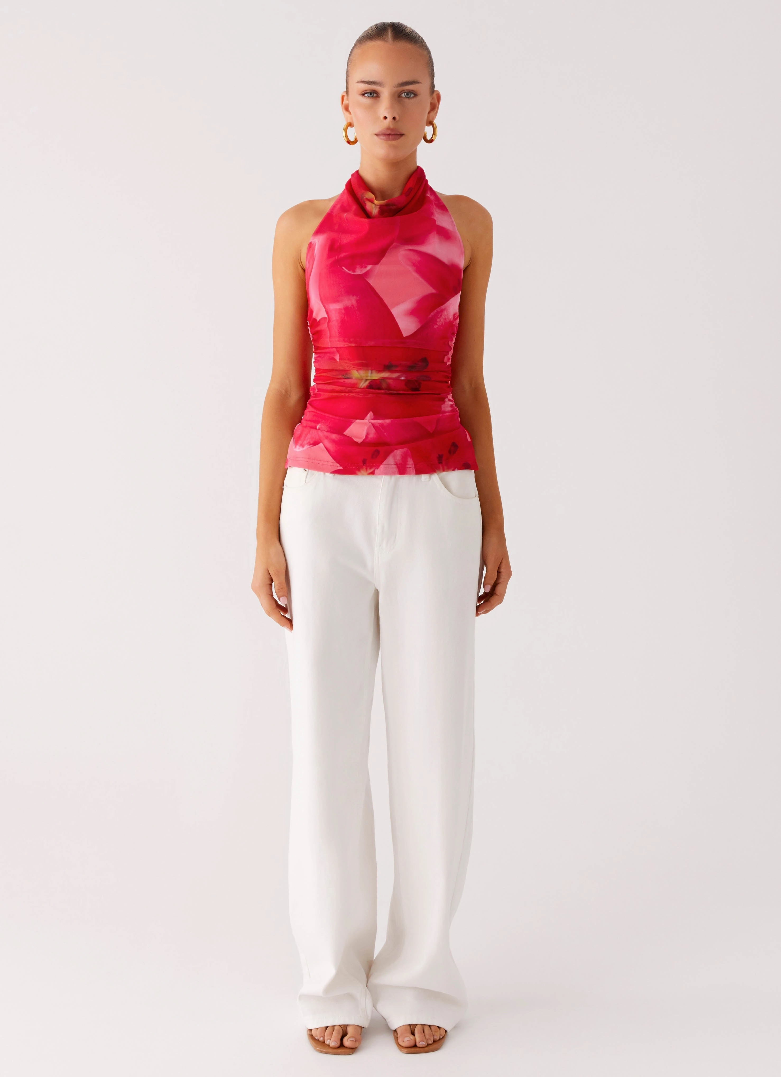 AntiSnag Fabric BreathableMeshPanel Delany Halter Top - Peach Watermelon Flower