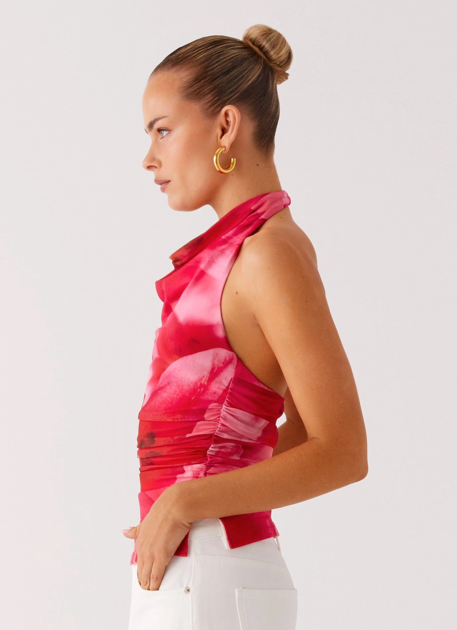 Delany Halter Top - Peach Watermelon Flower Wear Resistant Edge