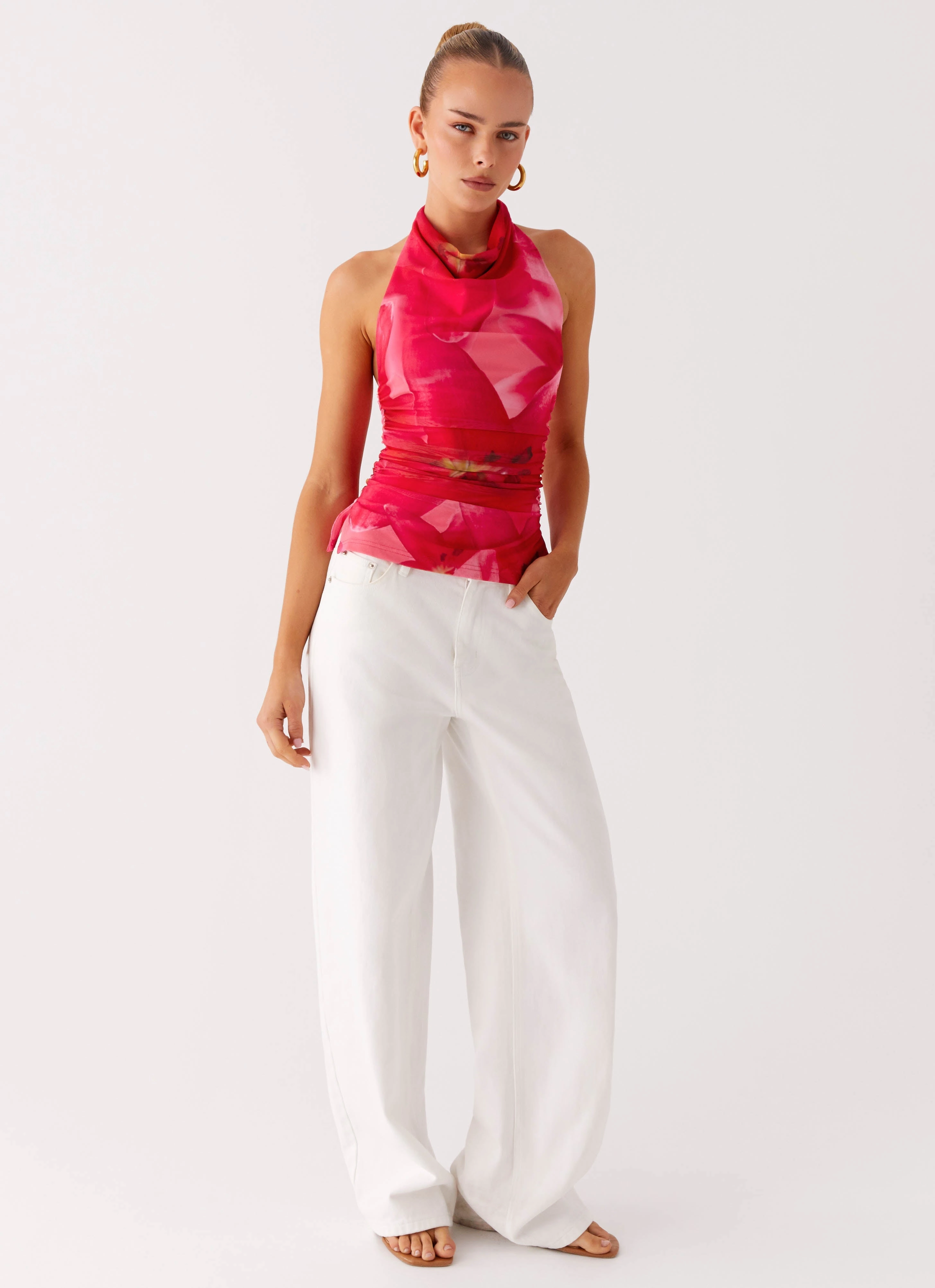 Delany Halter Top - Peach Watermelon Flower Casual Style