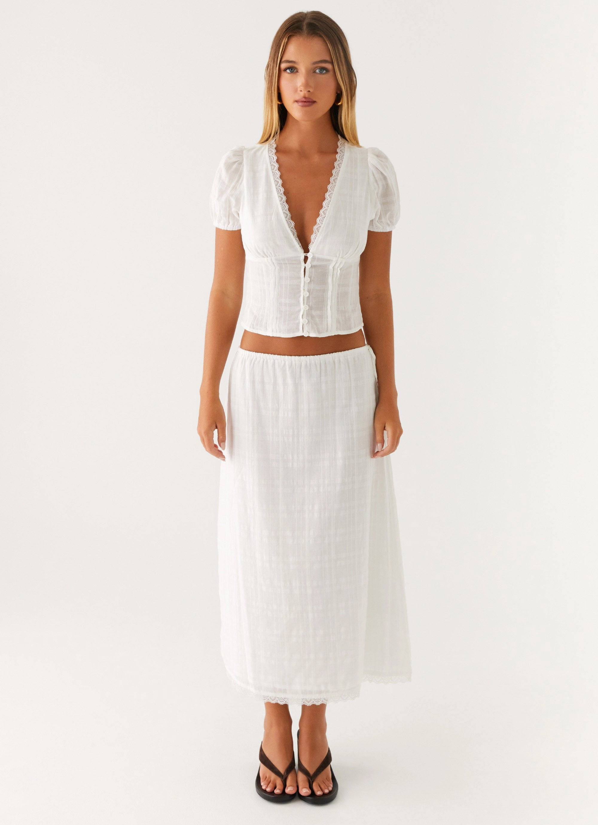 Sweet Lullaby Midi Skirt - White Luxury Feel Crisscross Back