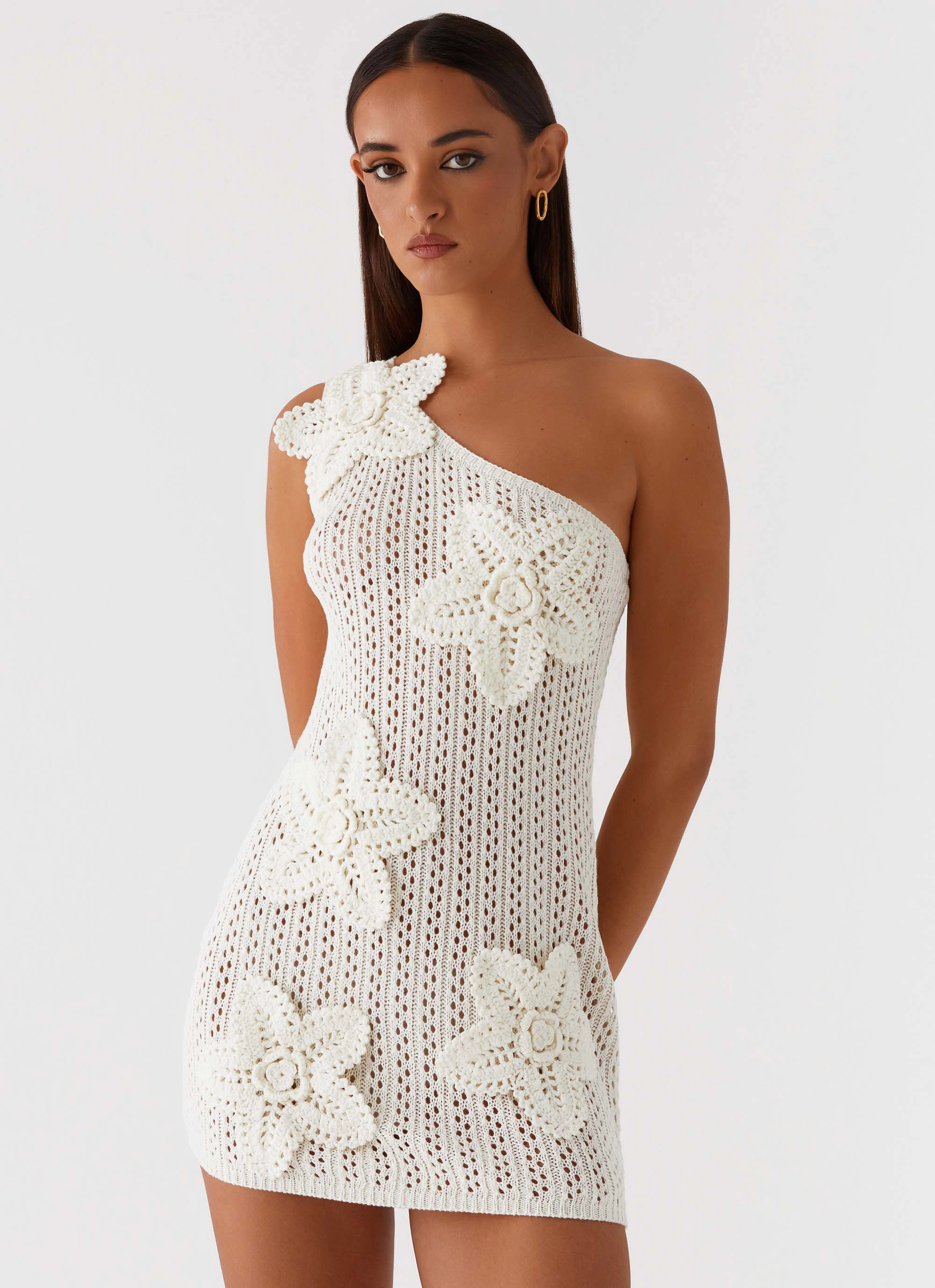 Afterglow One Shoulder Crochet Mini Dress - Ivory Thermal Regulating Airy Look