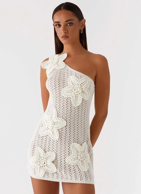 Afterglow One Shoulder Crochet Mini Dress - Ivory Thermal Regulating Airy Look