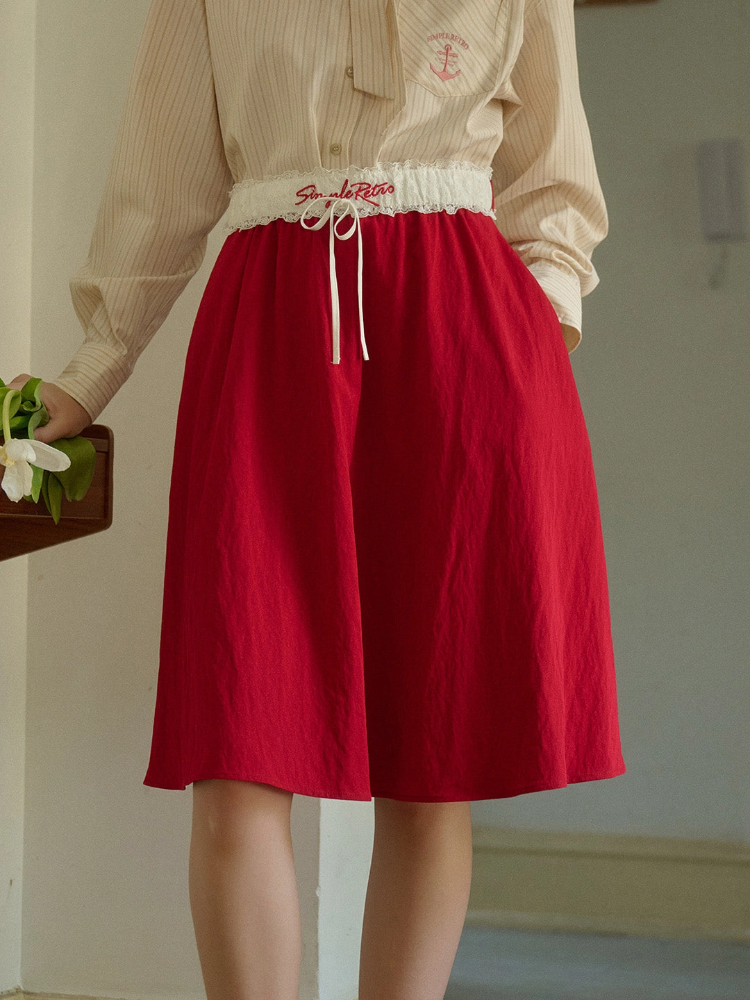 Cielo SR Logo Embroidered Contrast Lace Belt Red Skirt AntiSlipGrip