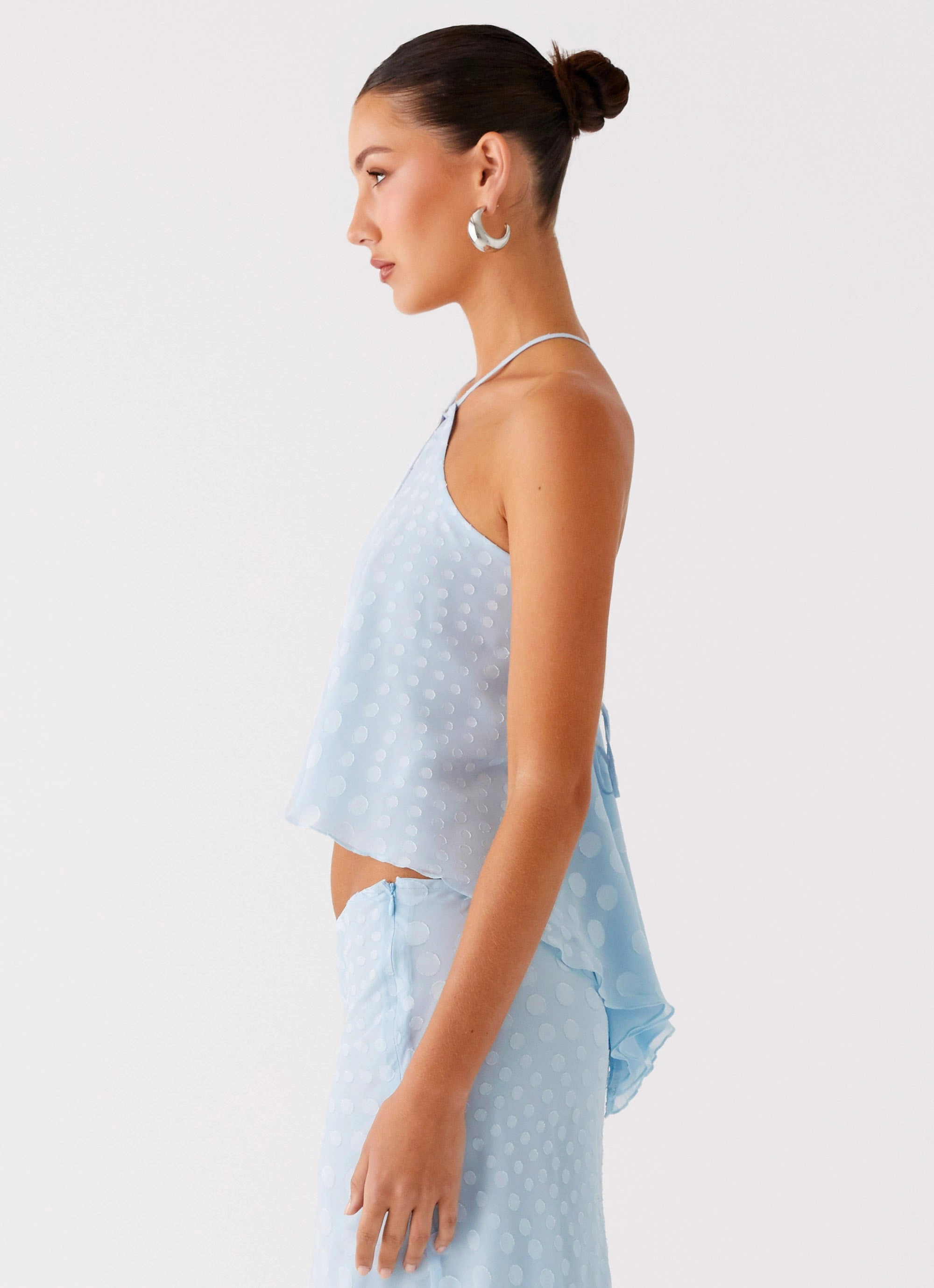 Mena Chiffon Spot Top - Blue Contrast Topstitching Detail