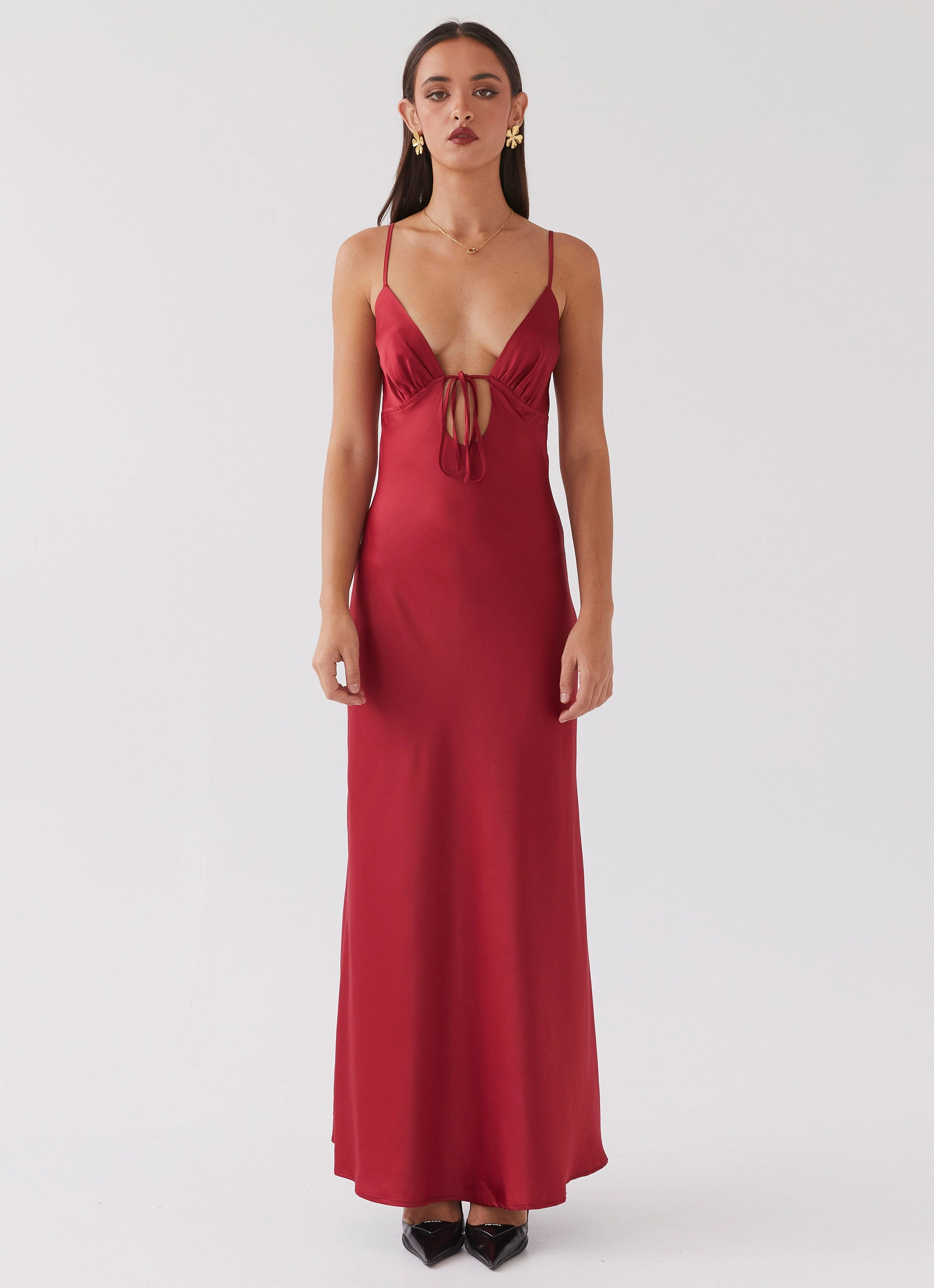 Simple Touch Comfortable Silhouette Flora Satin Maxi Dress - Cherry