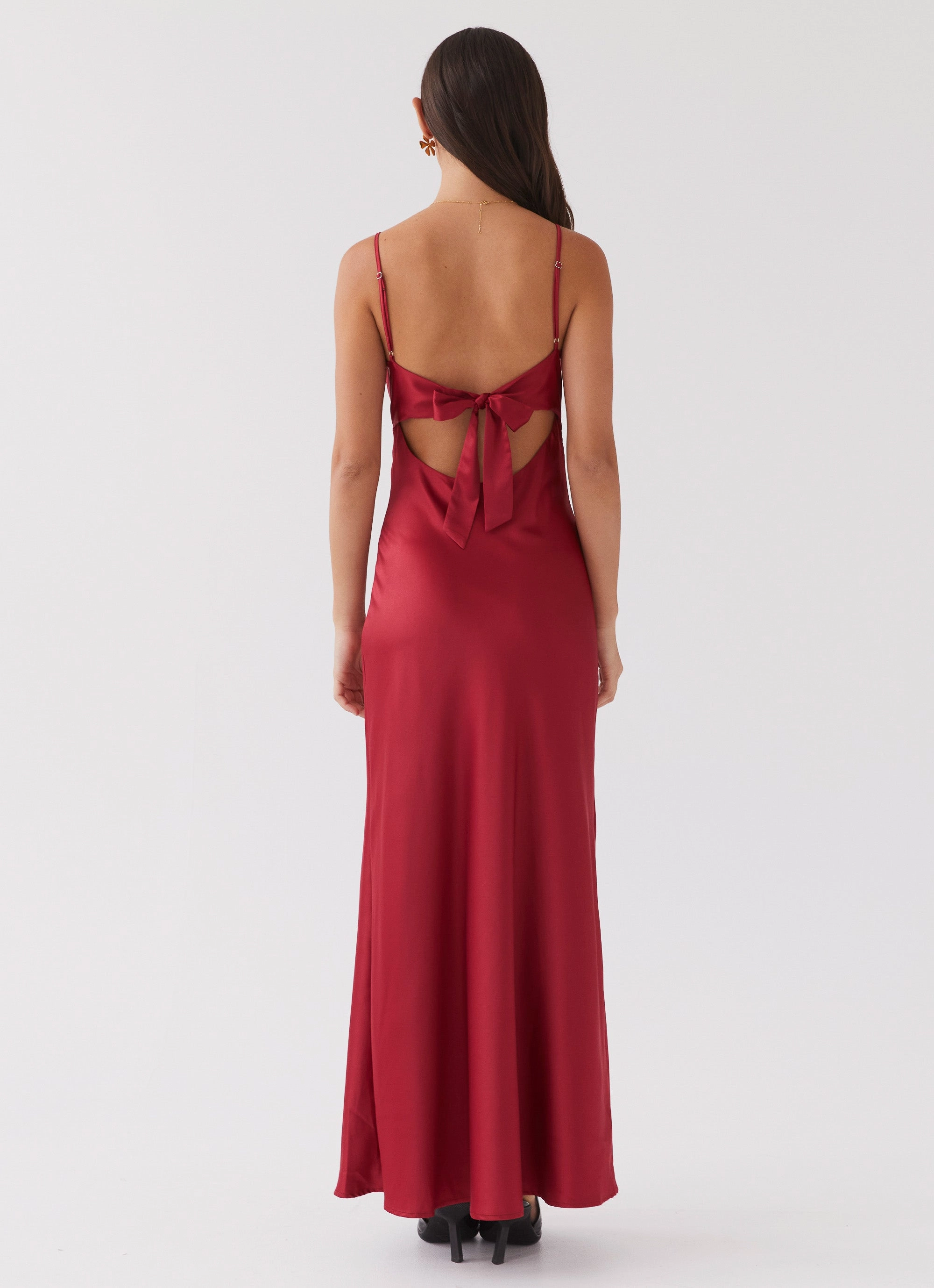 Versatile Style Wear Polished Cut Flora Satin Maxi Dress - Cherry