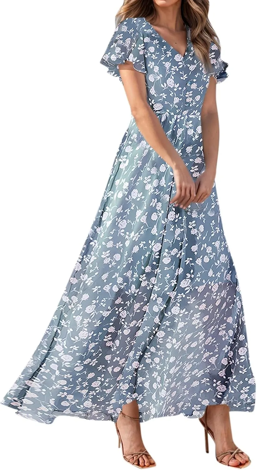 Floral Maxi Dresses for Women 2025 Summer Modest Flutter Sleeve Long Flowy Dresses V Neck Chiffon Garden Party Dress