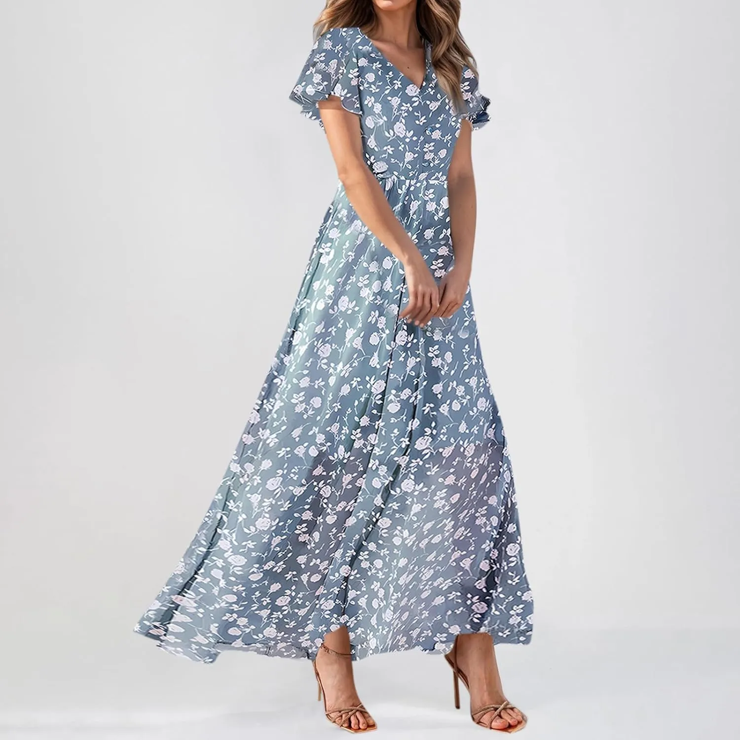 Floral Maxi Dresses for Women 2025 Summer Modest Flutter Sleeve Long Flowy Dresses V Neck Chiffon Garden Party Dress