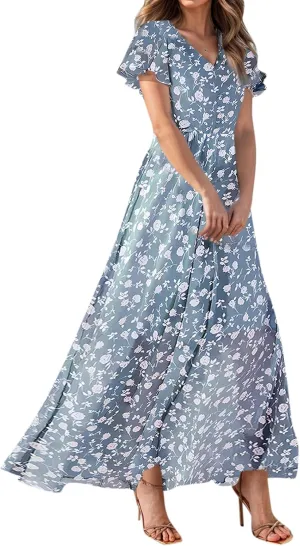 Floral Maxi Dresses for Women 2025 Summer Modest Flutter Sleeve Long Flowy Dresses V Neck Chiffon Garden Party Dress