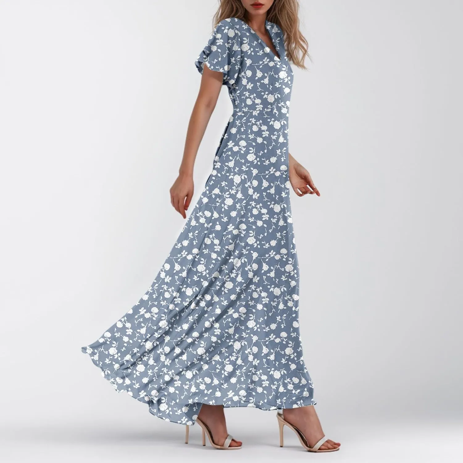 Floral Maxi Dresses for Women 2025 Summer Modest Flutter Sleeve Long Flowy Dresses V Neck Chiffon Garden Party Dress