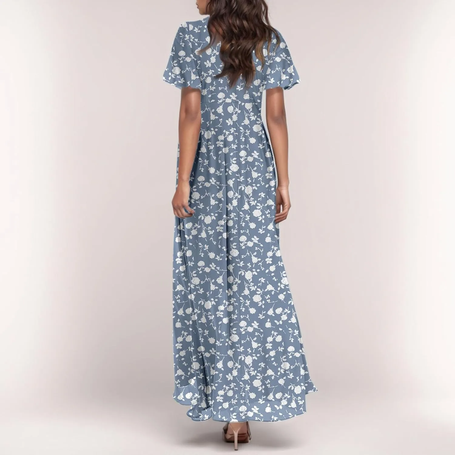 Floral Maxi Dresses for Women 2025 Summer Modest Flutter Sleeve Long Flowy Dresses V Neck Chiffon Garden Party Dress