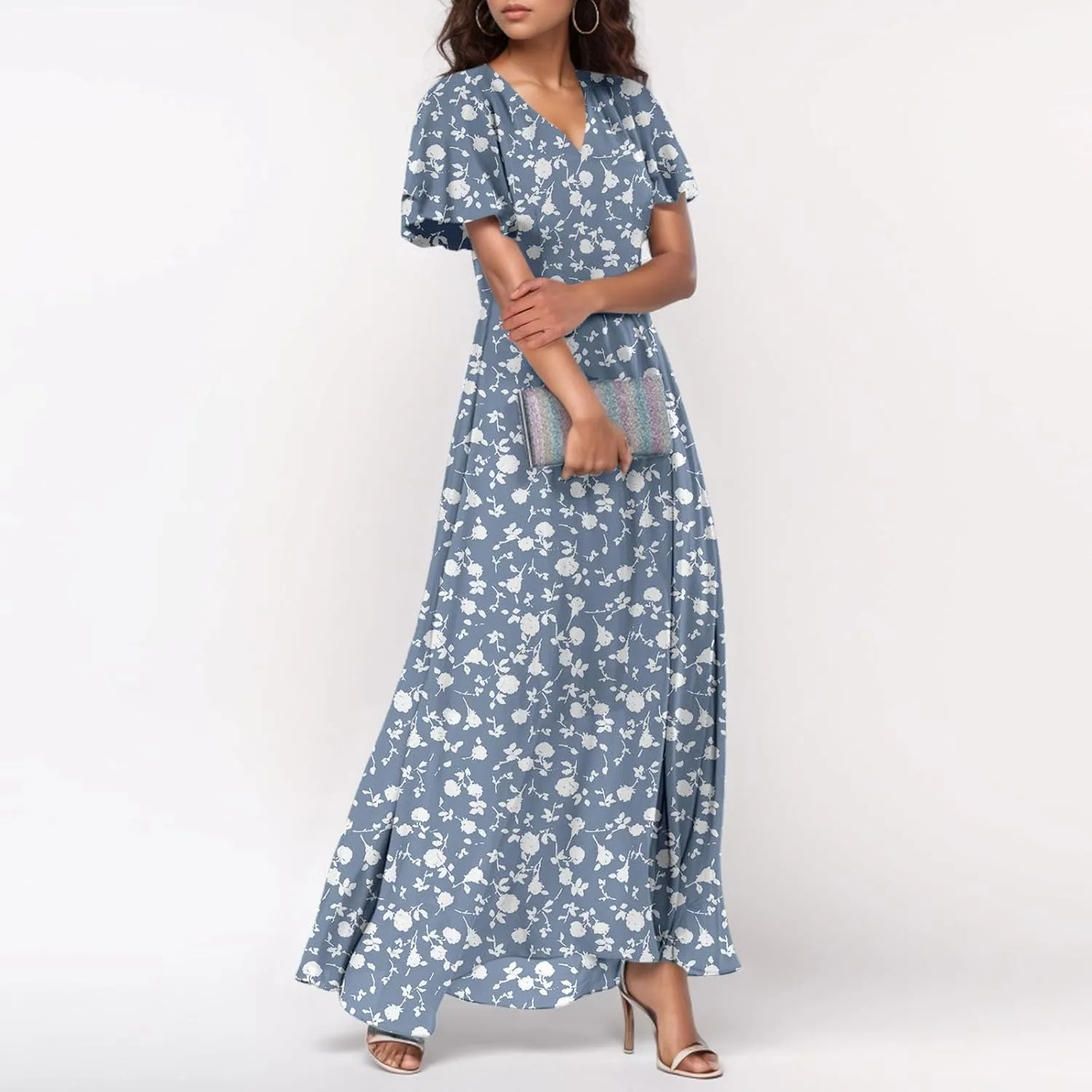 Floral Maxi Dresses for Women 2025 Summer Modest Flutter Sleeve Long Flowy Dresses V Neck Chiffon Garden Party Dress