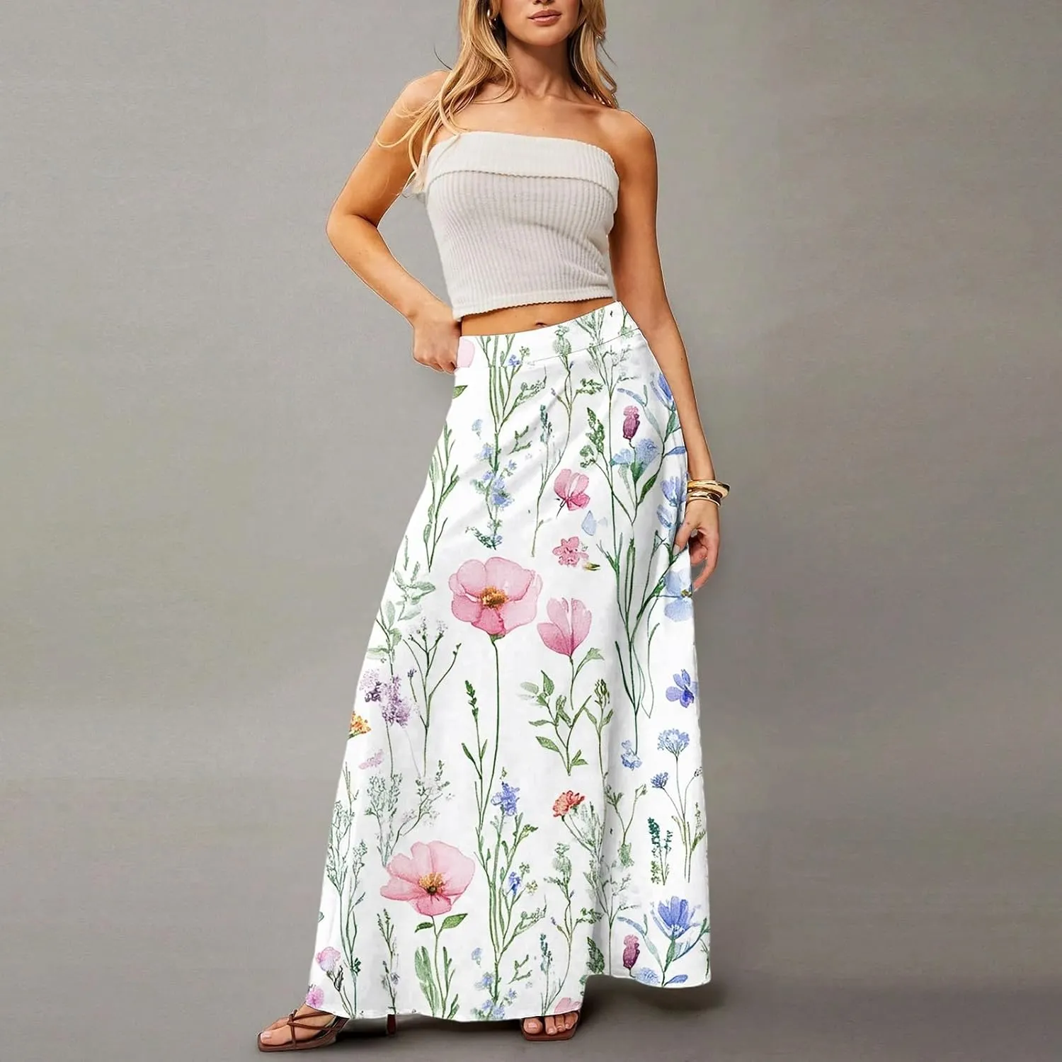 Floral Maxi Skirts for Women 2025 Summer Casual Flowy High Waisted Plus Size Long Boho Work Skirt with Pockets