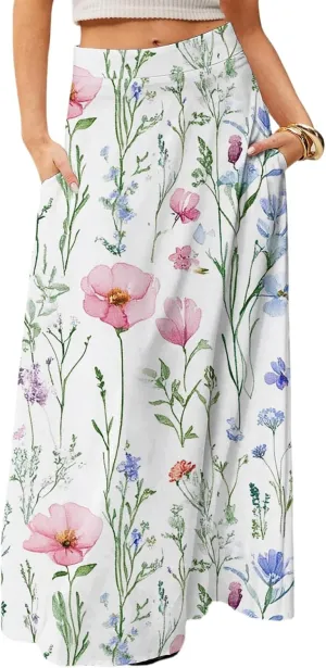 Floral Maxi Skirts for Women 2025 Summer Casual Flowy High Waisted Plus Size Long Boho Work Skirt with Pockets