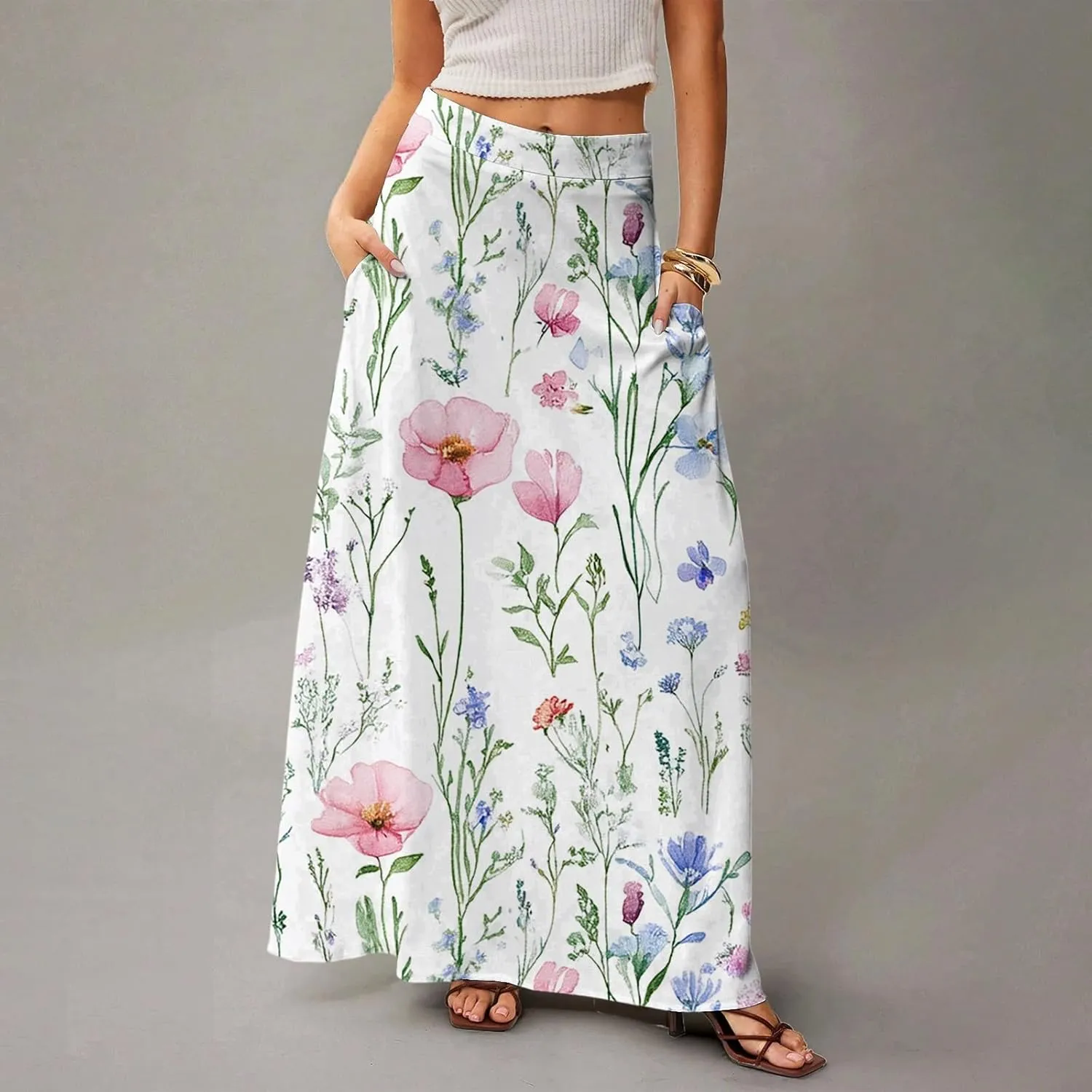 Floral Maxi Skirts for Women 2025 Summer Casual Flowy High Waisted Plus Size Long Boho Work Skirt with Pockets