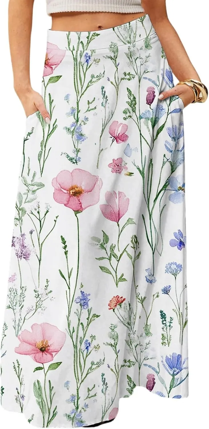 Floral Maxi Skirts for Women 2025 Summer Casual Flowy High Waisted Plus Size Long Boho Work Skirt with Pockets