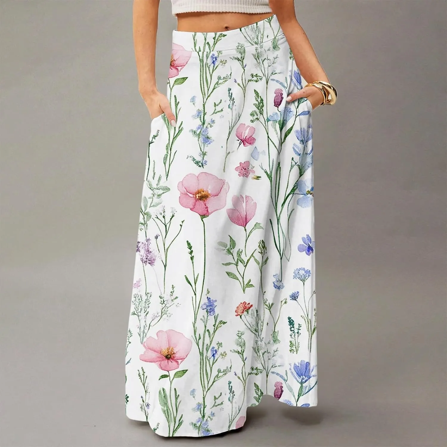 Floral Maxi Skirts for Women 2025 Summer Casual Flowy High Waisted Plus Size Long Boho Work Skirt with Pockets