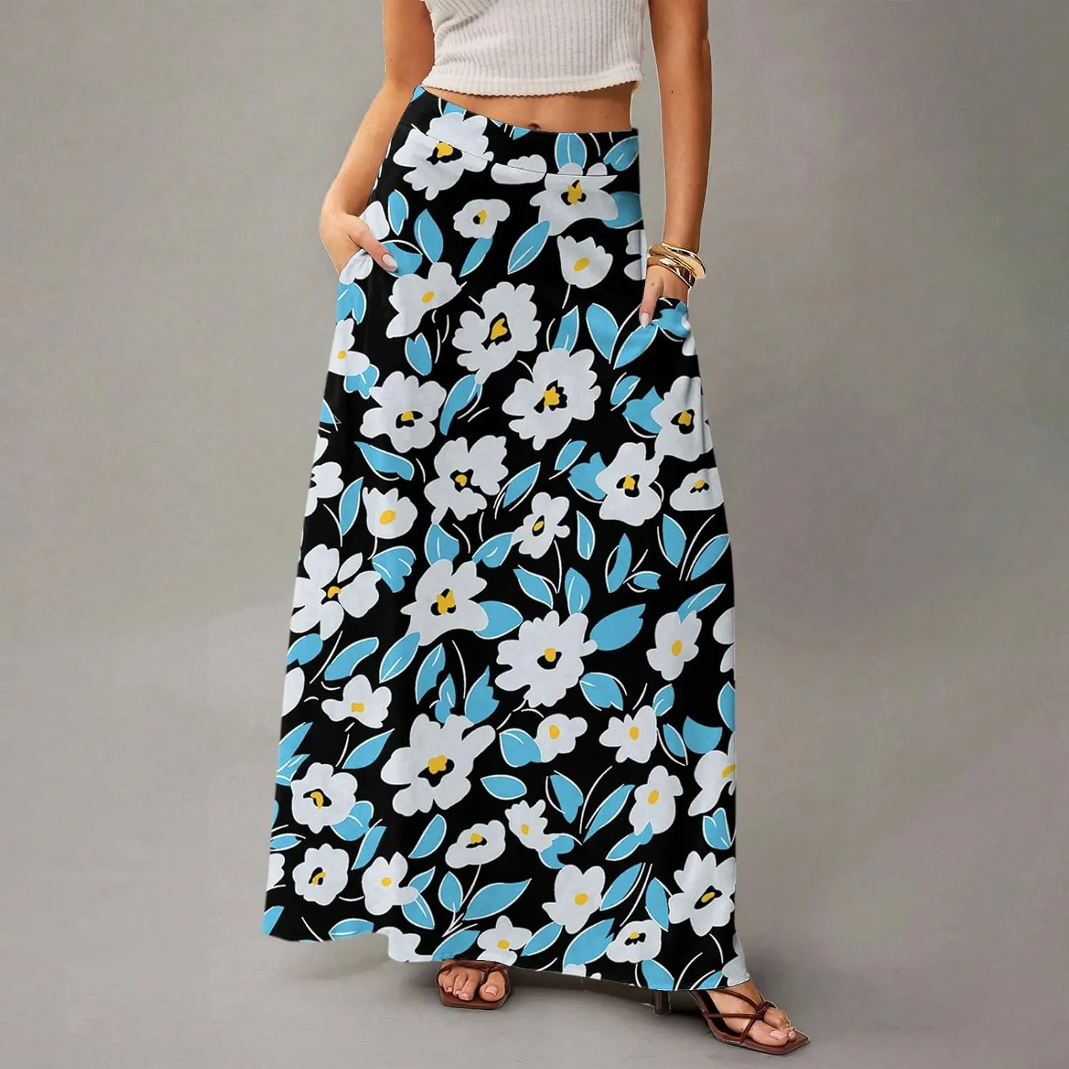 Floral Maxi Skirts for Women Trendy Summer Casual Flowy High Waisted Plus Size Long Boho Beach Skirt with Pockets