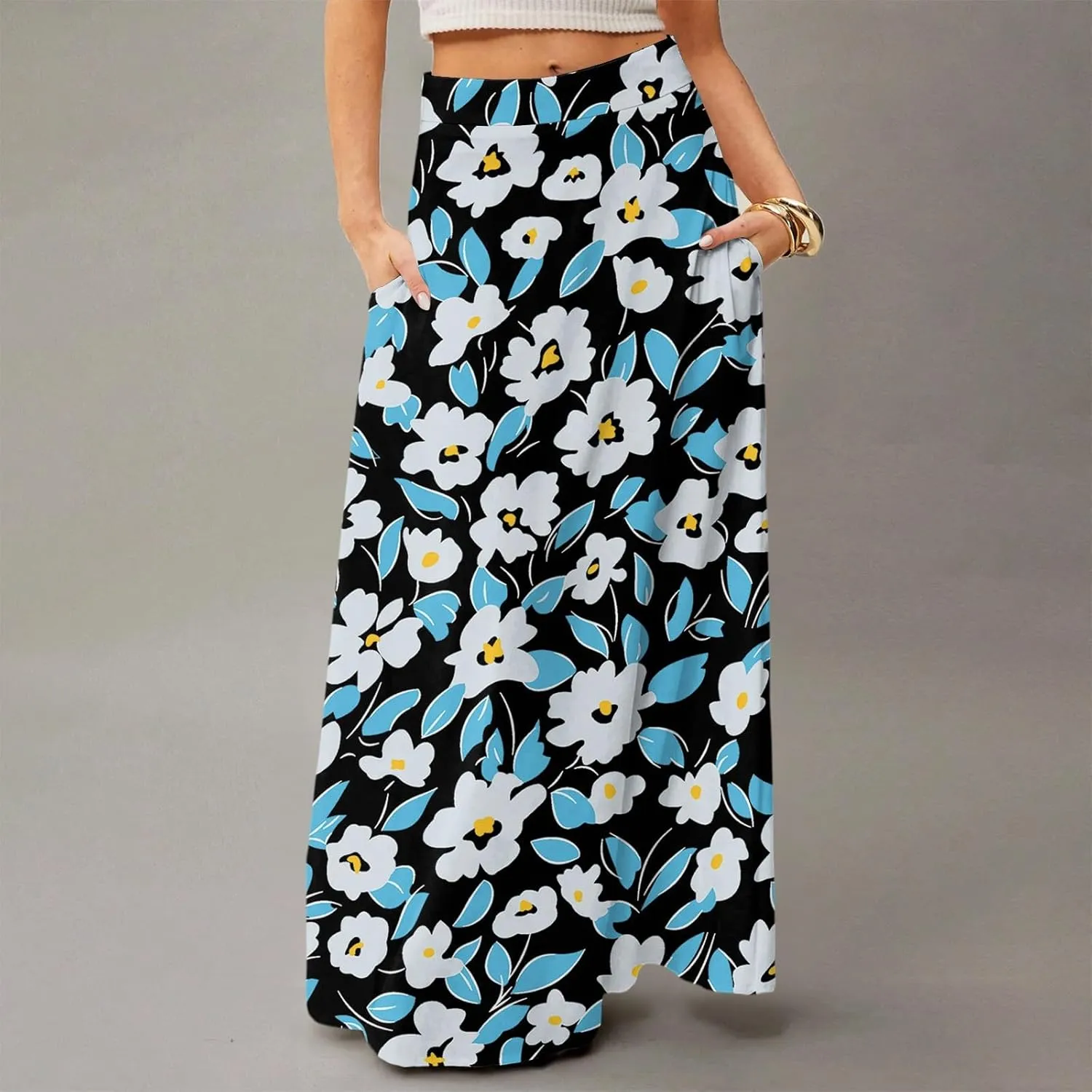 Floral Maxi Skirts for Women Trendy Summer Casual Flowy High Waisted Plus Size Long Boho Beach Skirt with Pockets