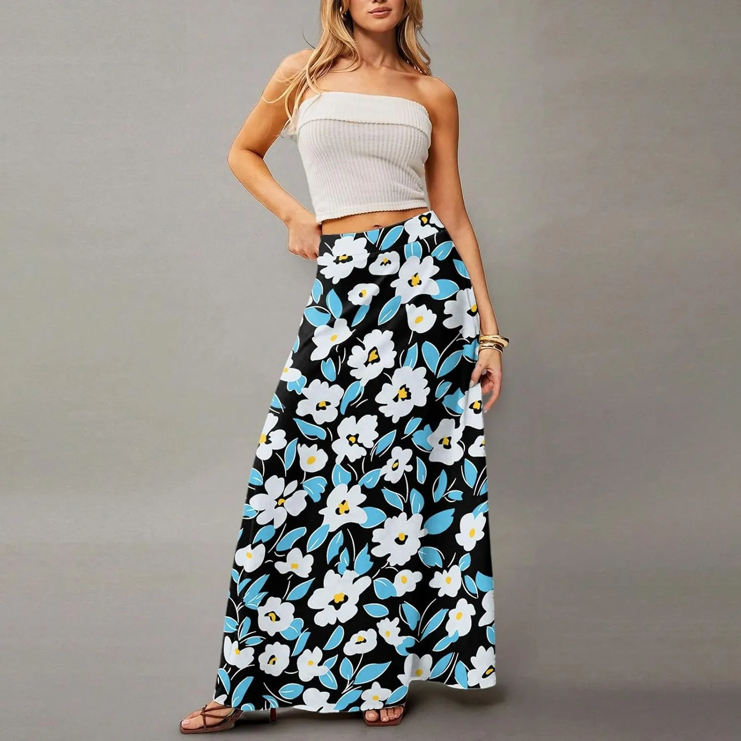 Floral Maxi Skirts for Women Trendy Summer Casual Flowy High Waisted Plus Size Long Boho Beach Skirt with Pockets
