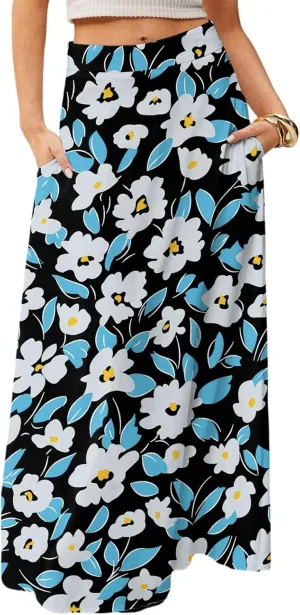 Floral Maxi Skirts for Women Trendy Summer Casual Flowy High Waisted Plus Size Long Boho Beach Skirt with Pockets