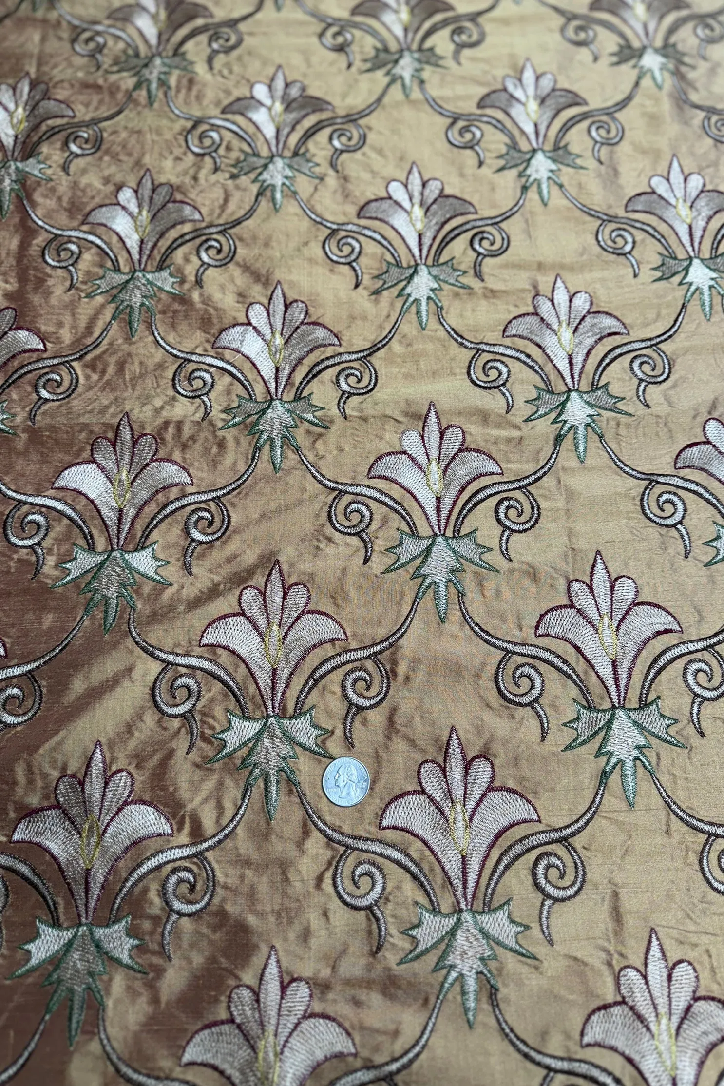 Floral On Bronze Gold Shantung Embroidered Dupioni Silk