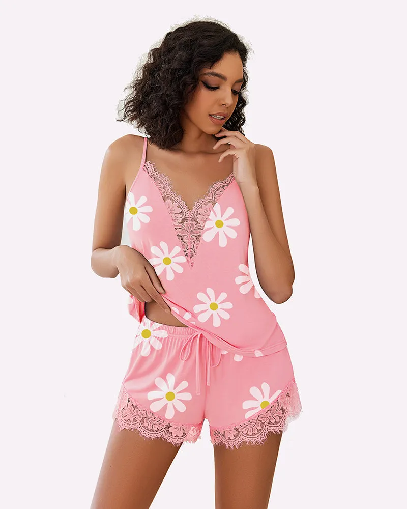 Floral Pajama Set Lace Trim Short PJ Set
