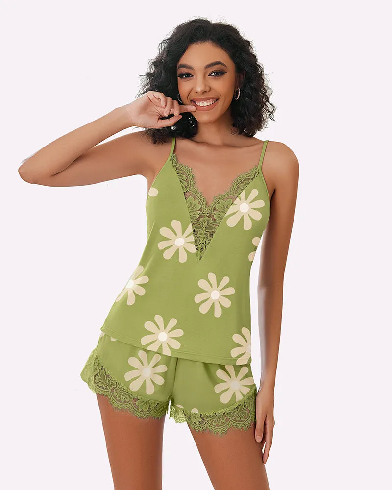 Floral Pajama Set Lace Trim Short PJ Set