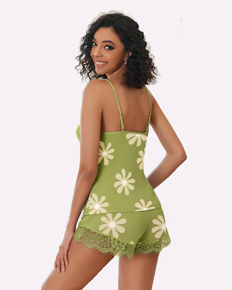 Floral Pajama Set Lace Trim Short PJ Set