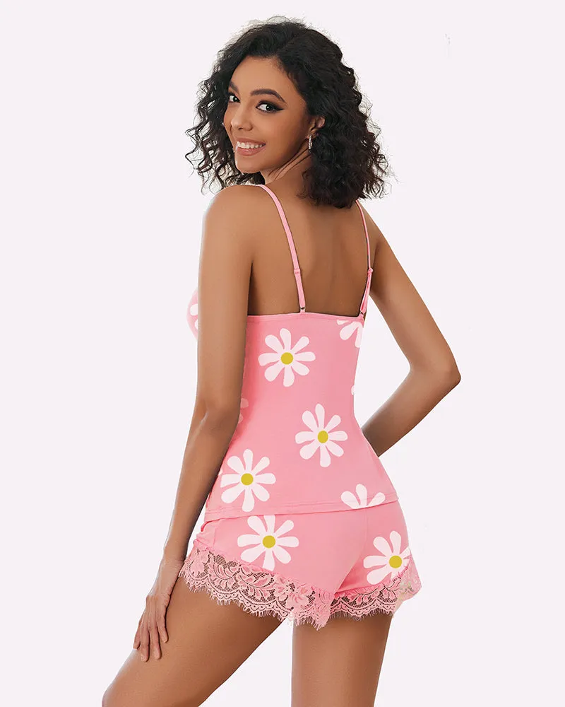 Floral Pajama Set Lace Trim Short PJ Set