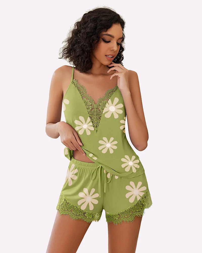 Floral Pajama Set Lace Trim Short PJ Set
