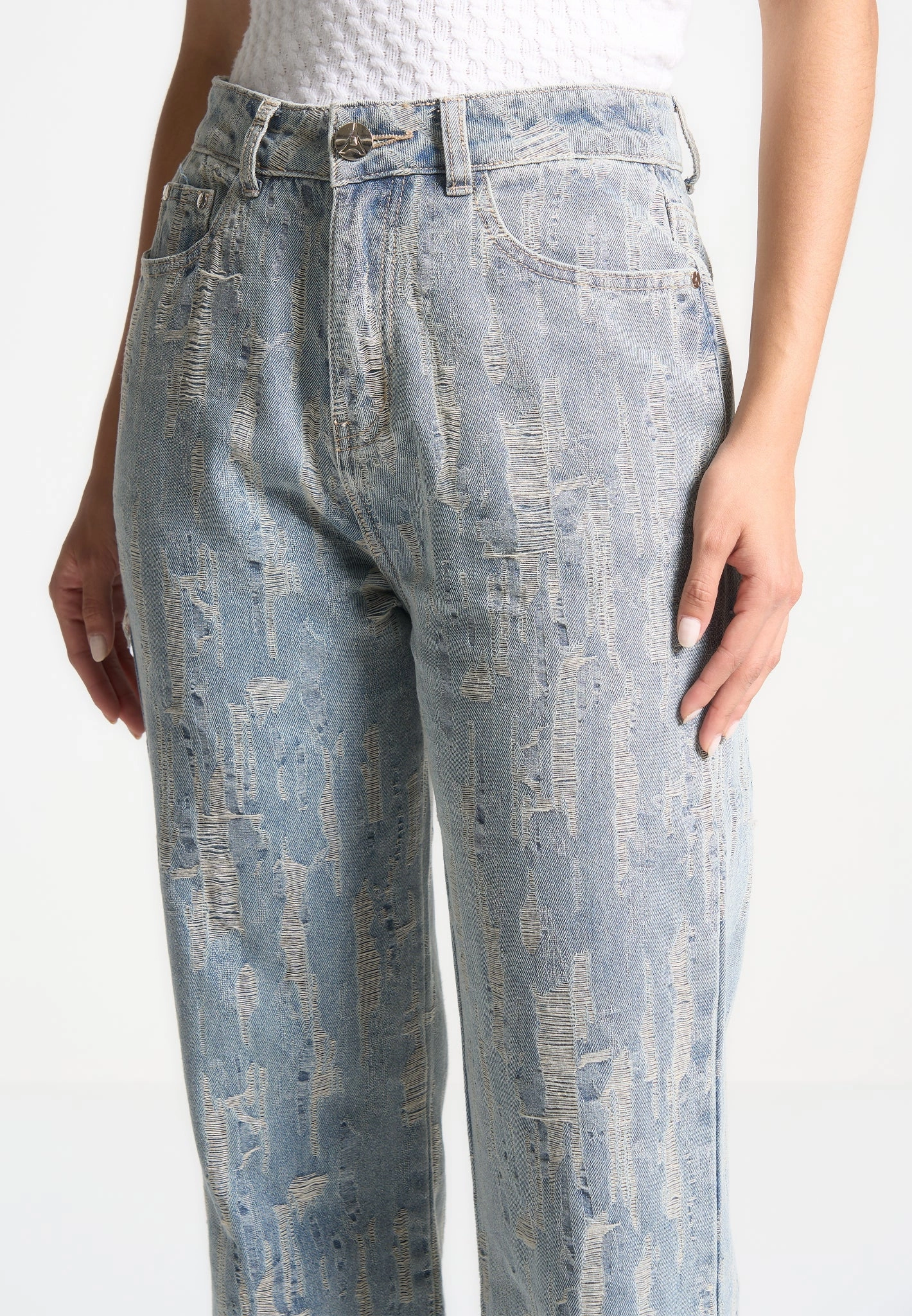 Textured Bold Florence - Distressed High Rise Straight Leg Jeans - Mid Blue