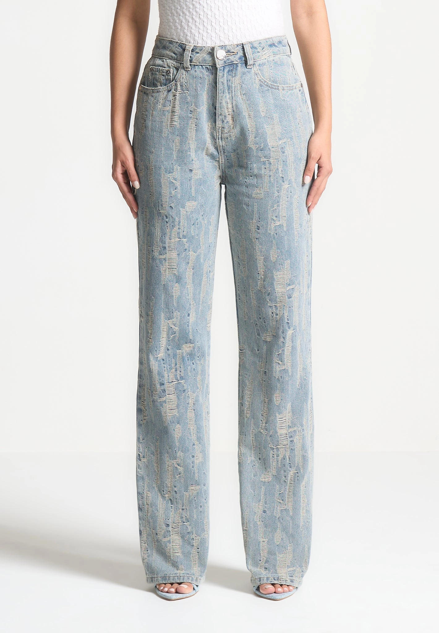 Florence - Distressed High Rise Straight Leg Jeans - Mid Blue Rugged Feel