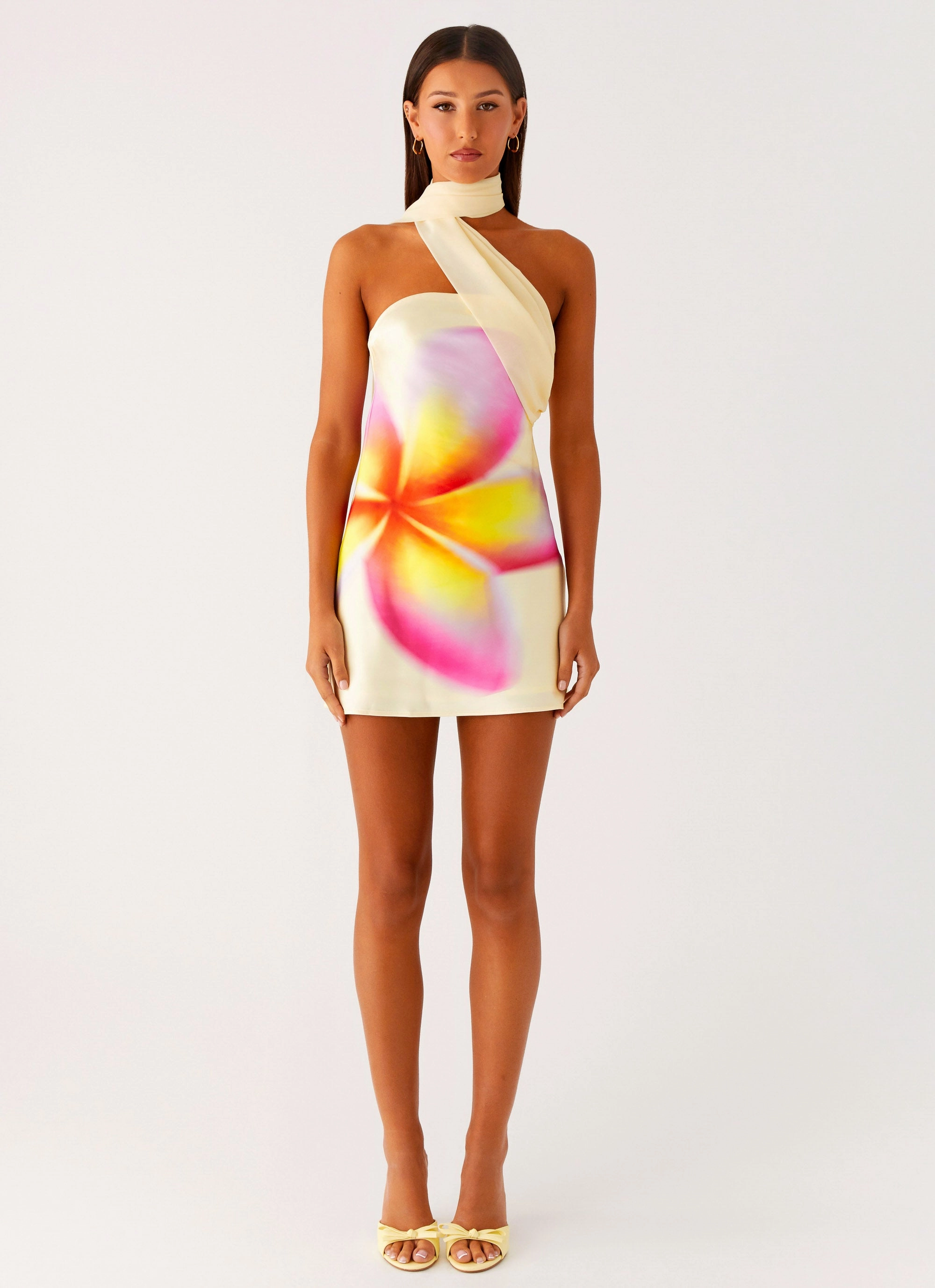 Isa Scarf Satin Mini Dress - Frangipani Yellow Classic Touch